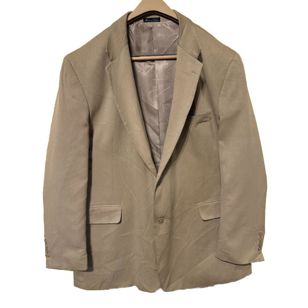 Adolfo International Blazer 100%Silk Tan‎ Beige Stripe Men 46R Sport Coat Jacket